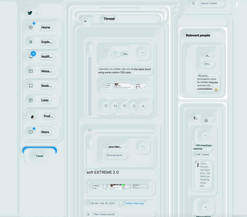 Neumorphism usability example applied on Twitter UI